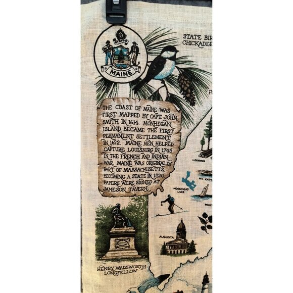 Vintage 1960s Linen Map Tea Towel Maine State Landmarks & History - Picture 3 of 7